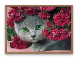 Broderie Diamant Chat et Fleurs Rouges cadre