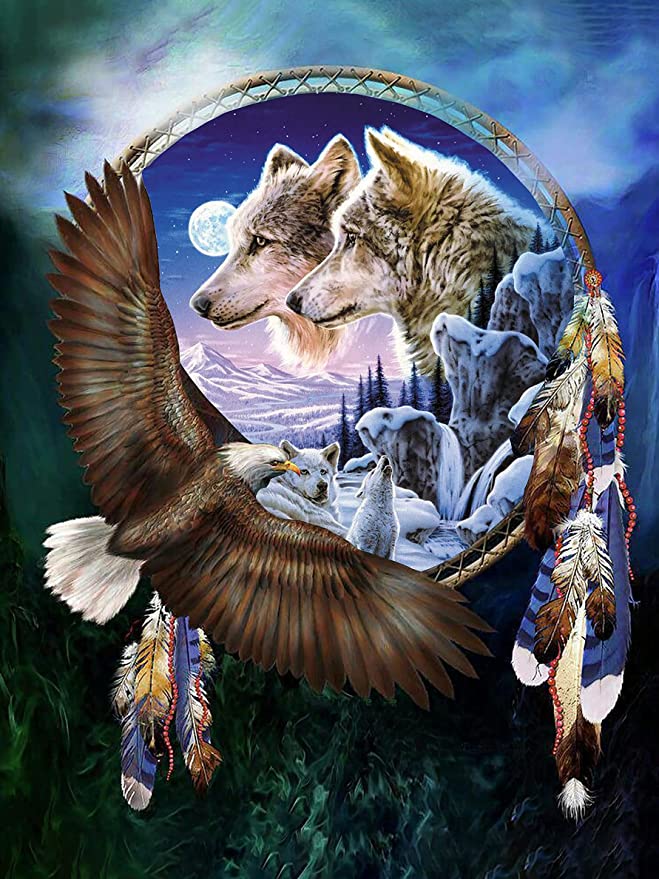 Broderie Diamant Attrape Rêve Loups et Aigle