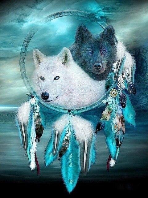Broderie Diamant Attrape Rêves Loups Noirs et Blancs 