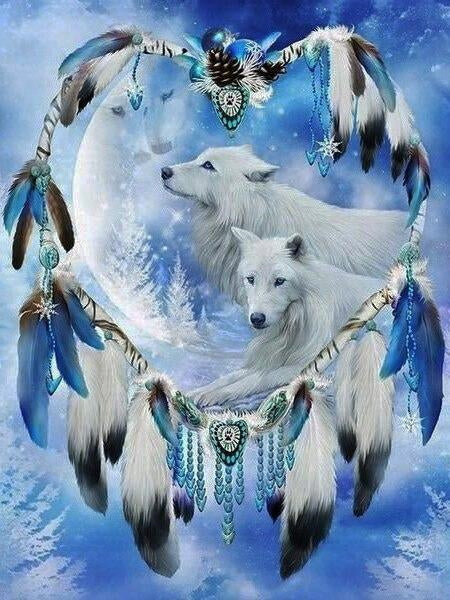 Broderie Diamant Attrape Rêves Loups Blancs 